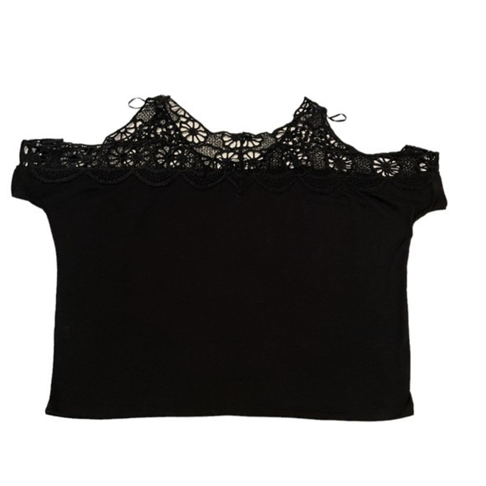 Poof Black Crochet Lace Cold Shoulder Top Boho Floral Scallop Neck Short Sleeve
